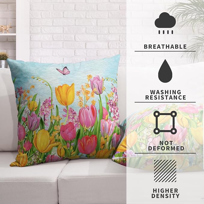 Tulip Pillow Covers 20x20 Set of 2 Spring Throw Pillow Covers Pink Yellow Tulip Floral Outdoor Pillowcase Watercolor Cotton Linen Cushion Case for Sofa Outdoor Patio