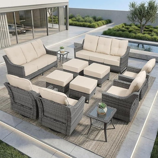 12 Piece Patio Furniture Set, Grey Wicker Outdoor Conversation Set with 4 Swivel Rocker Chairs, 4 Ottomans, 2 Sofas and 2 Side Tables, 6-Inch Thick Cushions, Beige Covers for Porch, Deck