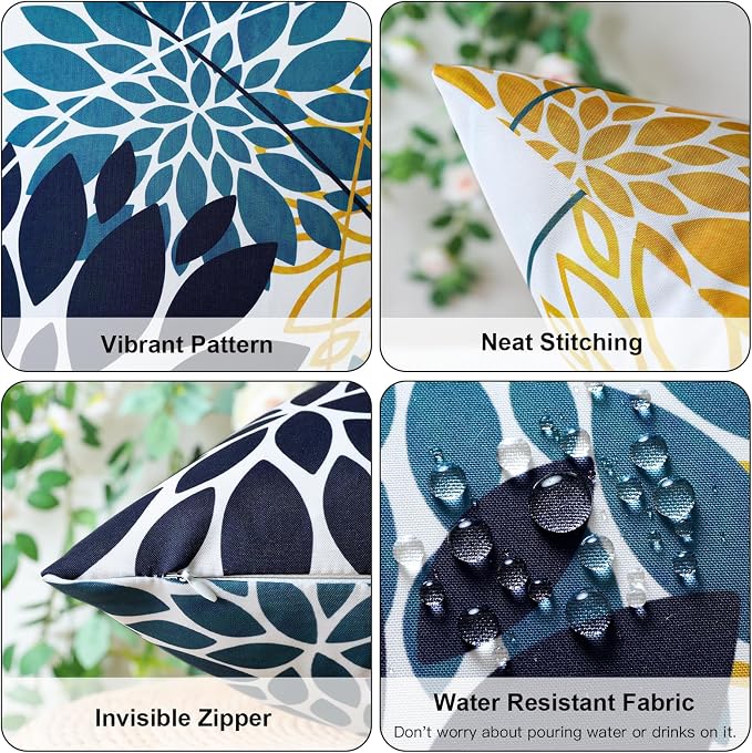 OTOSTAR Outdoor Dark Blue Yellow Cyan Pillow Covers 16x16 Inch Set of 2 Flower Throw Pillows Farmhouse Geometric Dahlia Floral Square Cushion Case Waterproof Decor for Sofa Patio Funiture Garden