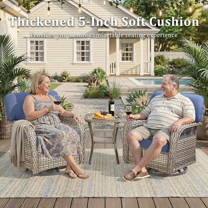 2 PCS Patio Swivel Rocking Chairs, Outdoor Wicker Furniture Set with 5-Inch Thick Olefin Cushions, 360° Swivel Rocker Patio Chairs for Garden, Porch, Backyard, Blue/Gray Wicker