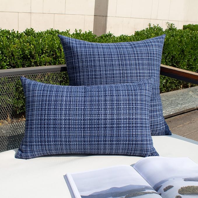 Kevin Textile Outdoor Waterproof 14"x24" Pillow Covers 2 Pack, Navy Blue | Water Resistant, Faux Linen Yarn-dyed, Woven Texture Throw Pillow Covers for Tent Patio Garden Couch Sofa