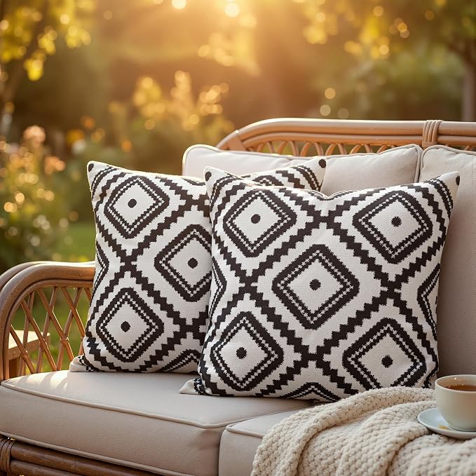 Outdoor Pillow Covers 2 Pack Patio Decorative Accent Throw Pillow Covers, Waterproof and Fade Resistant, Perfect for Summer Outdoors and Indoors, Geometric 18x18in Black and White