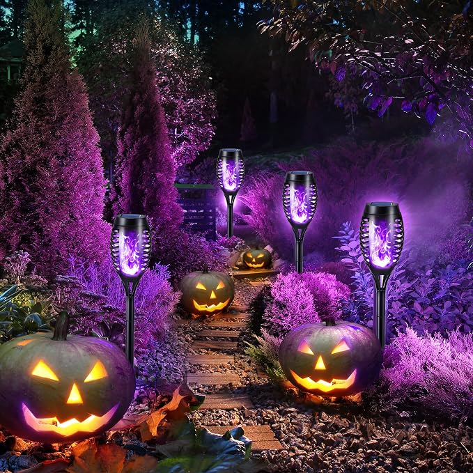 Toodour Solar Torch Flame Lights, 6 Pack Solar Lights Outdoor with Flickering Flame, Waterproof Solar Pathway Lights Landscape Decoration Lighting for Garden, Lawn, Yard, Outdoor Decor - Purple