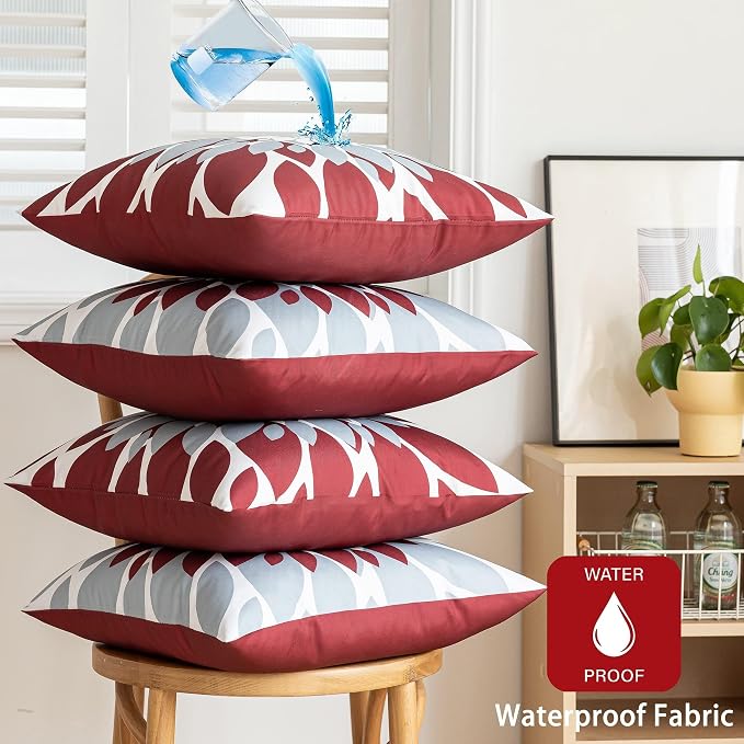 Pack of 4 Outdoor Waterproof Pillow Covers 18x18 Decorative Outdoor Throw Pillows Garden Square Cushion Cases for Patio Furniture, Couch, Tent Sunbrella, Bench, Burgundy Red Grey