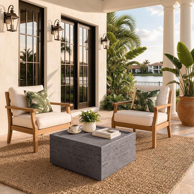 UPHA 28" Square Outdoor Coffee Table, Modern Hollow Concrete Patio Table, Small Minimalist Low Accent Table for Living Room, Balcony, Deck, Backyard, Dark Gray