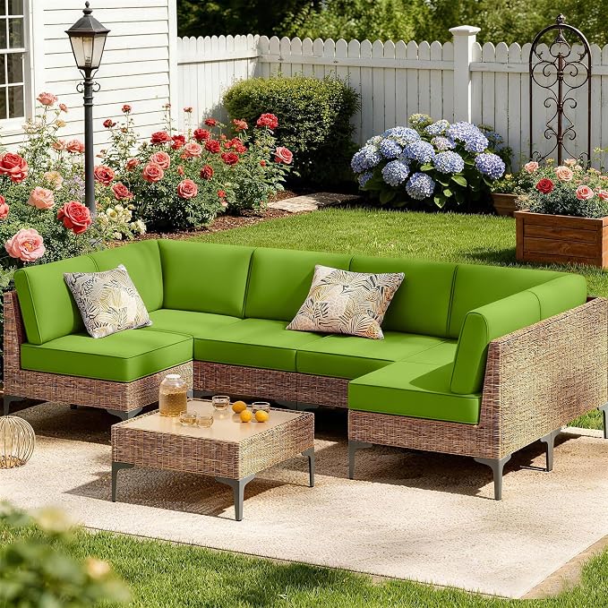14pc Waterproof Outdoor Couch Cushions for 6 Seat Patio, Light Green | Water-resistant, UV-resistant,14pc High-Density Foam Replacement Cushions for 6-Seat Outdoor Sectional Furniture