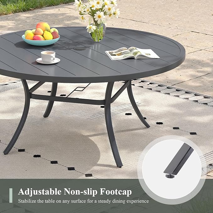 Outdoor Dining Table for 6, 50" Round Outdoor Table with Adjustable Umbrella Hole, All-Weather Metal Patio Dining Table for Lawn Garden Backyard Deck, Dark Grey