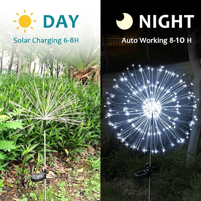 Solar Firework Lights, 4 Pack 120 LEDs 2 Lighting Modes Solar Garden Lights Outdoor Waterproof for Yard Patio Walkway Pathway Party Wedding Christmas Decorative - White