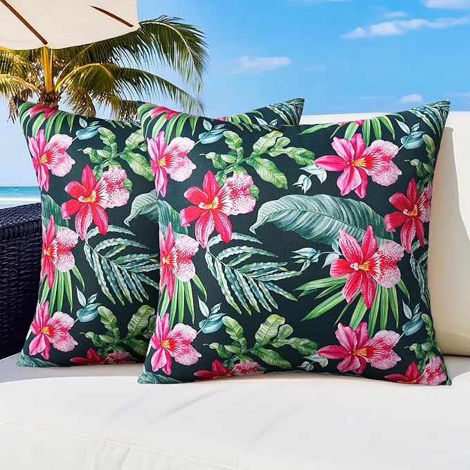 Pyonic Tropical Waterproof Outdoor Pillow Covers 18x18 inch Green Leave and Red Flowers Throw Pillowcase for Summer Patio Furniture Garden Porch Pool Decor