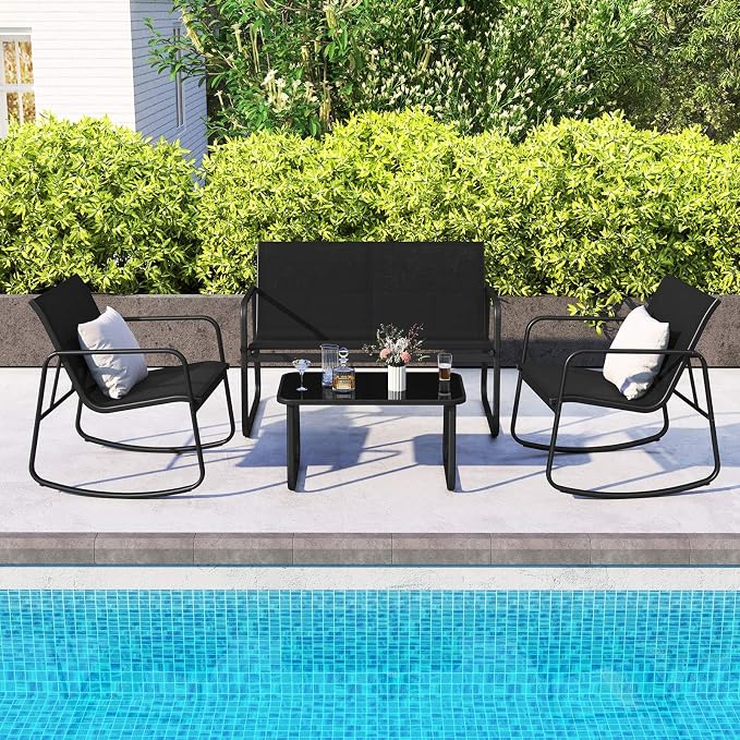 HAPPYGRILL 4 Piece Patio Rocking Bistro Set with 2 Rocking Chairs, Loveseat & Coffee Table, Outdoor Conversation Furniture Set for Garden Poolside Balcony (1)