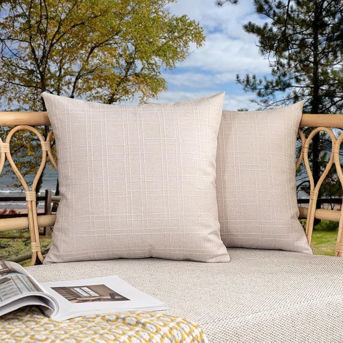 Kevin Textile Outdoor Waterproof 20”x20” Pillow Covers 2 Pack, Light Beige | Water Resistant, Soft Faux Linen-cotton Yarn-dyed Woven Texture Throw Pillow Covers for Tent Patio Garden Couch Sofa