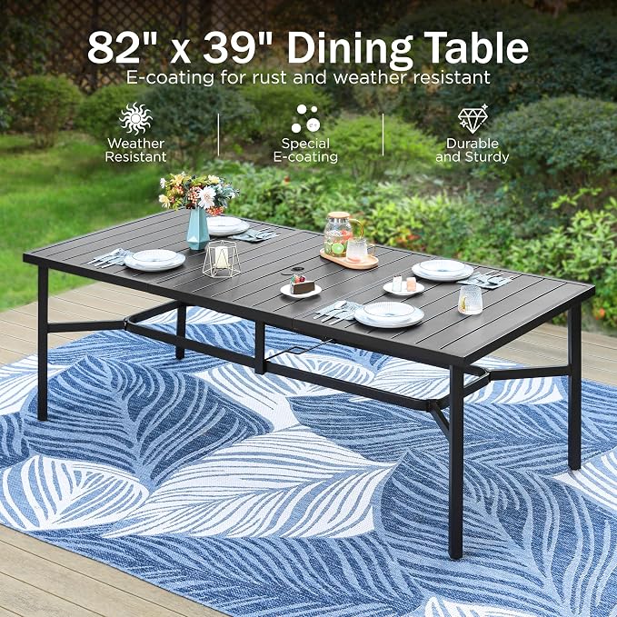 PHI VILLA 9 Piece Outdoor Dining Set for 8 Person, 82'' Rectangle Metal Slat Table and 8 Swivel Padded Patio Chairs, All Weather Patio Table and Chairs Set for Deck Garden Yard (Blue)