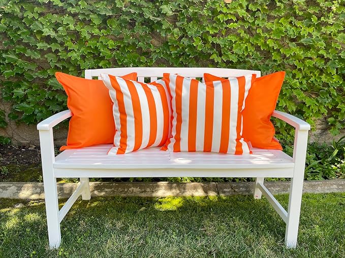 Pack of 2 Solid and Stripe 20''x20'' Outdoor Waterproof Orange Throw Pillow Covers Decorative Square Cushion Patio Pillows for Patio Furniture (Orange Tiger)