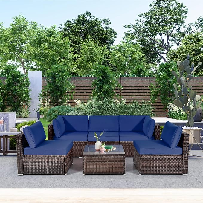 HAPPYGRILL 6 Pieces Outdoor Patio Furniture Set, PE Rattan Conversation Set with Tempered Glass Coffee Table and Cozy Cushions, Weather Resistant Sectional Sofa Set, Navy Blue