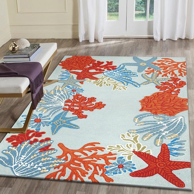 Liora Manne Ravella Indoor/Outdoor Durable Hand-Tufted UV Stabilized Rug- Ocean Scene Aqua 7'6" x 9'6"