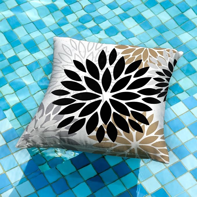 DFXSZ Outdoor Waterproof Pillow Covers 24x24 Set of 2 Black Brown Flower | Spring Summer Waterproof Flower Throw Pillowcases（No Inserts）Outdoor Decor for Patio Funiture Garden Polyester Covers