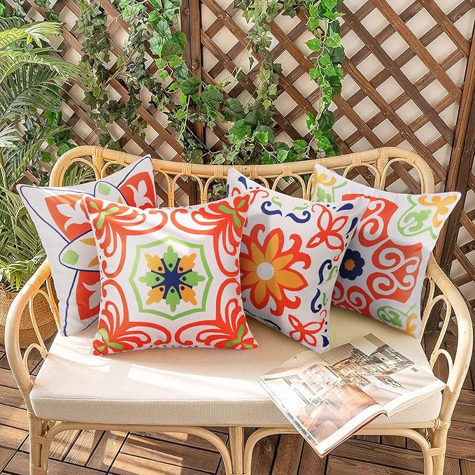 Pyonic Outdoor Waterproof Throw Pillow Covers for Patio Furniture Decorative Boho Pillow Covers 18x18 Floral Printed for Patio Tent Couch Garden Set of 4,Orange