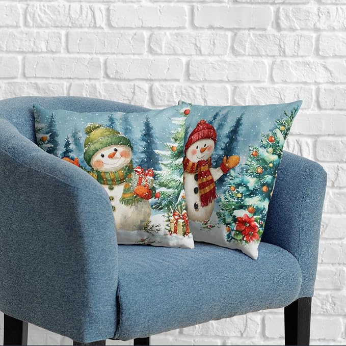 Lovely Green and Red Snowman Pillow Covers Christmas Throw Pillow Covers 22x22 Set of 2 Winter Xmas Tree Pine Forest Pillowcase Holiday Cushion Case for Couch Sofa