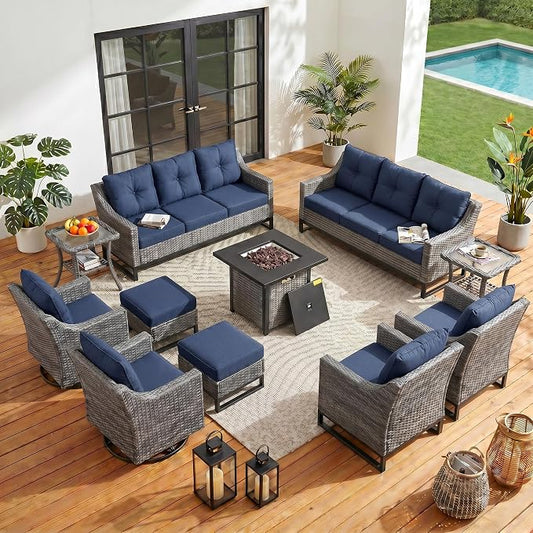 13 Piece Patio Furniture Set with 6" Thick Cushions, Weather-Resistant Wicker Swivel Rocker High Back Chairs and Fire Pit Table for Porch Yard Deck