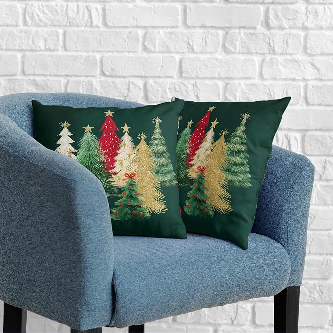 Christmas Pillow Covers 18x18 Set of 2 Colorful Xmas Tree Throw Pillow Covers Green Winter Holiday Decorative Pillowcase Double Sided Printing Cushion Case for Home Decor Sofa Couch