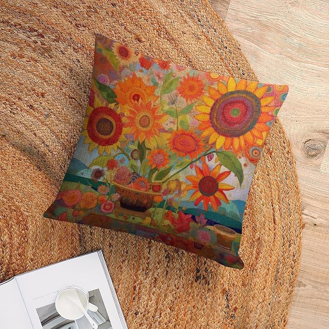 Zippered Pillow Cover Beautiful Flower Pattern Pillow Case Colorful Painting of Sunflowers Large Couch Pillows Pillows for Couch Sofa Patio Furniture Home Decor 20"x20" Cutton Linen Cushion Cases