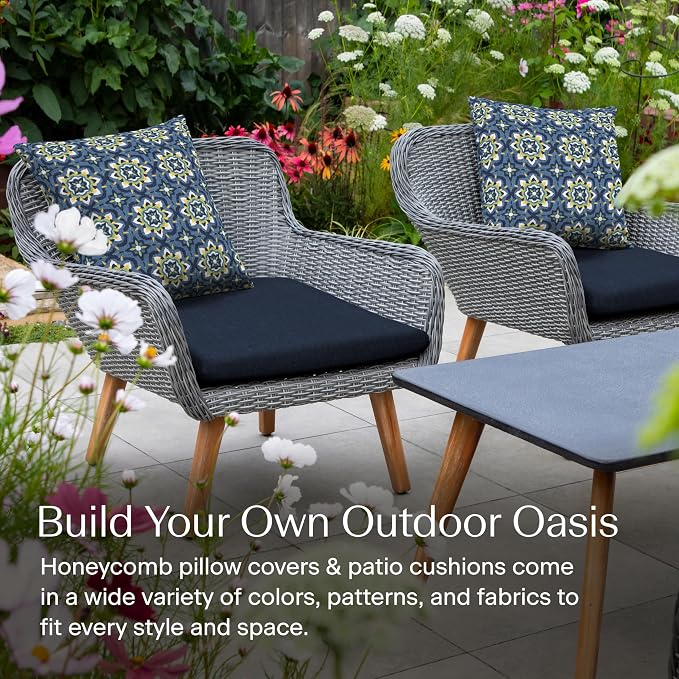 Honeycomb Outdoor Square Toss Pillow Covers, 18 x 18, 2-Pack | Medina Medallion Blue Slipcovers, Water & Fade Resistant for Patio Furniture Set, Cover Only, No Insert