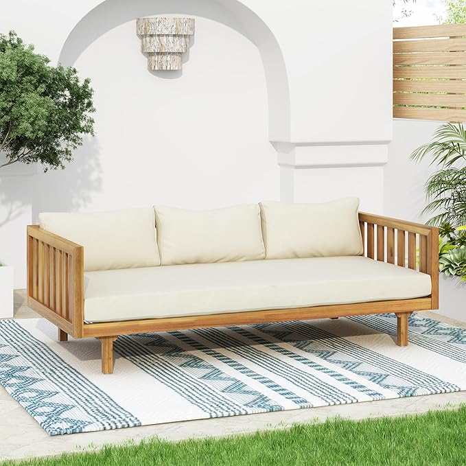 Merax Outdoor Acacia Wood Conversation Set - Patio 3-Seat Loveseat Sofa w/Coushion and Round Coffee Table for Backyard, Lawn, Balcony, Beige +Teak