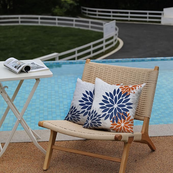 DFXSZ Outdoor Waterproof Pillow Covers 16x16 Set of 2 Blue Orange Flower | Spring Summer Waterproof Flower Throw Pillowcases（No Inserts）Outdoor Decor for Fall Patio Funiture Garden Polyester Covers