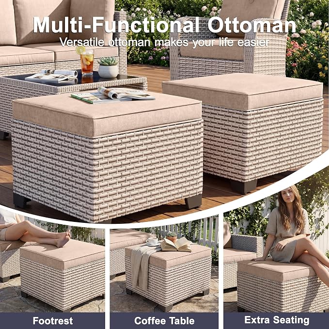 Patio Furniture Set, 9-Piece Outdoor Sectional Sofa with Ottomans & 2-Layer Glass Coffee Table, Wicker Patio Conversation Set with Khaki Cushions for Poolside
