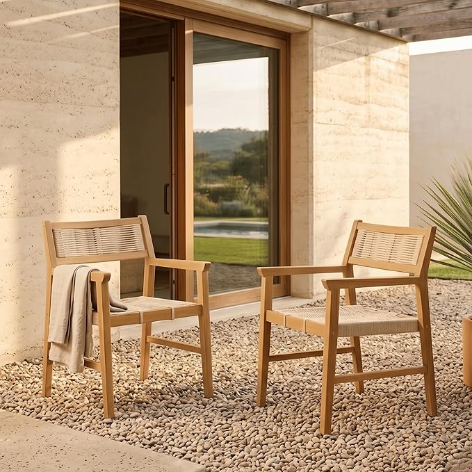 NTC Terra Set of 2 Solid Wood Armchairs with Handwoven Rope Seat & Back, Indoor & Outdoor Dining Chairs for Patio Dining Sets, Modern Patio Chairs with Arms, Easy Assembly, Natural