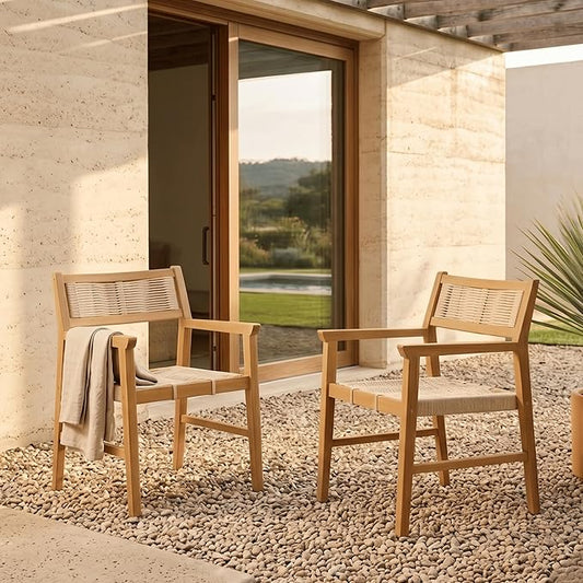 NTC Terra Set of 2 Solid Wood Armchairs with Handwoven Rope Seat & Back, Indoor & Outdoor Dining Chairs for Patio Dining Sets, Modern Patio Chairs with Arms, Easy Assembly, Natural