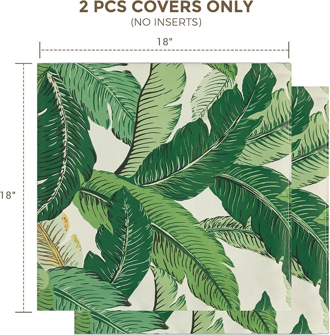 Throw Pillow Covers Set of 2, Outdoor Indoor Waterproof Decorative Patio Throw Pillowcase Shell 18x18 Inch, Square Cushion Case for Couch Sofa Garden Farmhouse Decoration-Green Palm Leaf