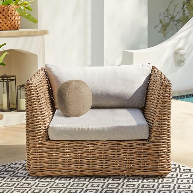 Sorra Home Boucle Outdoor Knife Edge Ball Single Pillow, 10 in W x 10 in H x 10 in D, Tan