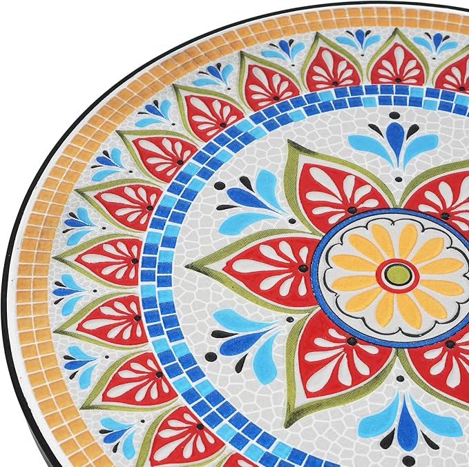 Colorful Floral Mosaic Tile Round Side Table, Boho Patio End Table with Curved Black Wrought Iron Legs, Weather Resistant Accent Table for Balcony Backyard Porch Living Room