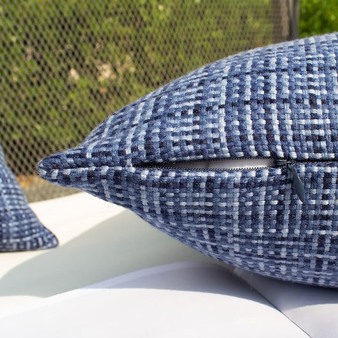 Kevin Textile Outdoor Waterproof 14"x24" Pillow Covers 2 Pack, Navy Blue | Water Resistant, Faux Linen Yarn-dyed, Woven Texture Throw Pillow Covers for Tent Patio Garden Couch Sofa