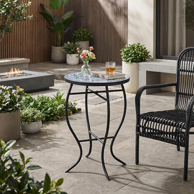 IRONORA Mosaic Tile Round Side Table, Blue White Mandala Patio End Table, Curved Black Metal Frame Weather Resistant Accent Table for Balcony Backyard Porch Living Room