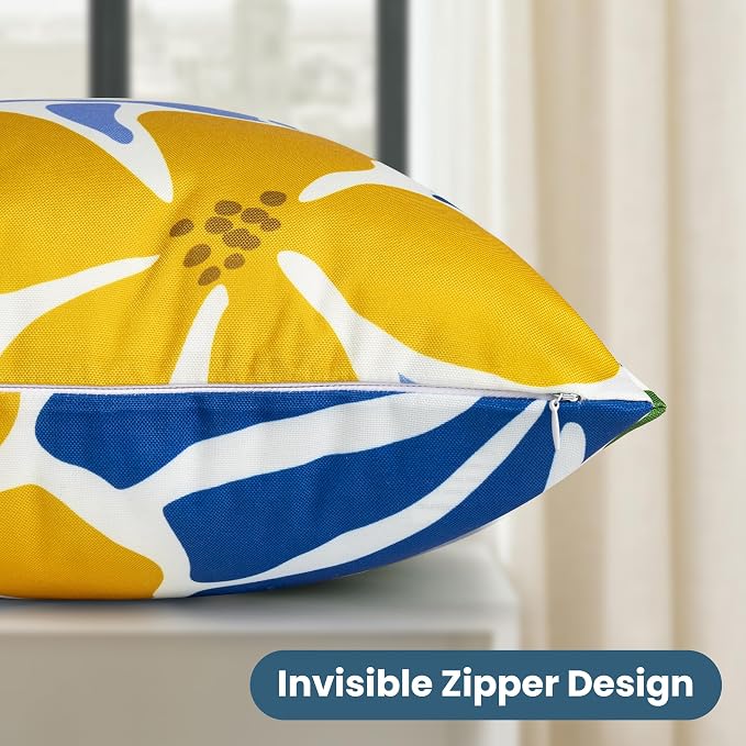 Outdoor Pillow Covers 18x18 Inch, Water-Resistant Decorative Pillow Covers Pack of 2, Floral Throw Pillow Case for Patio Furniture Tent Garden, Yellow Blue Floral, Cover ONLY