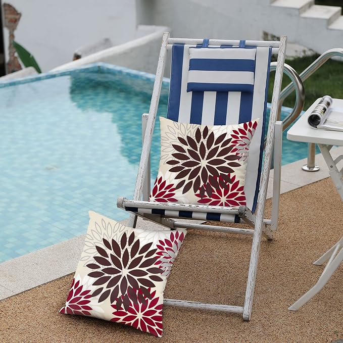 DFXSZ Outdoor Waterproof Pillow Covers 20x20 Set of 2 Brown Red Flower | Spring Summer Waterproof Flower Throw Pillowcases（No Inserts）Outdoor Decor for Fall Patio Funiture Garden Polyester Covers