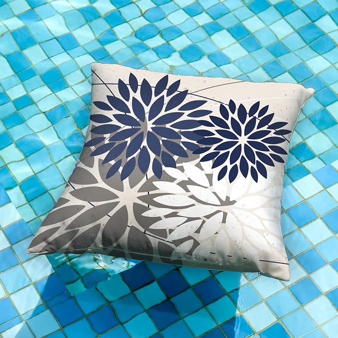DFXSZ Pack of 2 Outdoor Waterproof Throw Pillow Covers 20x20 NavyBlue Grey | Polyester Colorful Spring Summer Floral Decorative Cushion Cases(NO INSERT),For Couch Patio Funiture Garden Home Decor