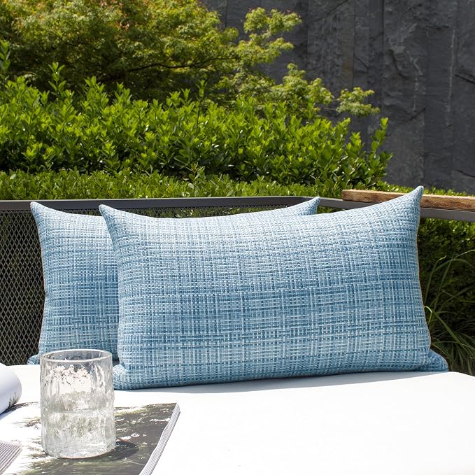 Kevin Textile Outdoor Waterproof 12"x20" Pillow Covers 2 Pack, Light Blue | Water Resistant, Faux Linen Yarn-dyed, Woven Texture Throw Pillow Covers for Tent Patio Garden Couch Sofa