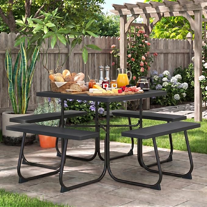 POWERSTONE Picnic Tables with Benches for 8, Outdoor HDPE Picnic Table with Umbrella Hole, Heavy Duty 35" Portable Dining Set Camping Table for Backyard, Patio, Park(Black)