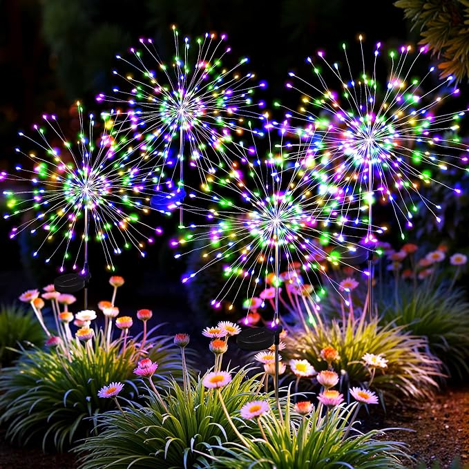 4Pack Solar Lights Outdoor, Multicolor Firework Lights | 120LED Fireworks Lights Solar Powered, Waterproof Fairy Garden Lights Decor Outside for Yard Pathway Lawn Patio