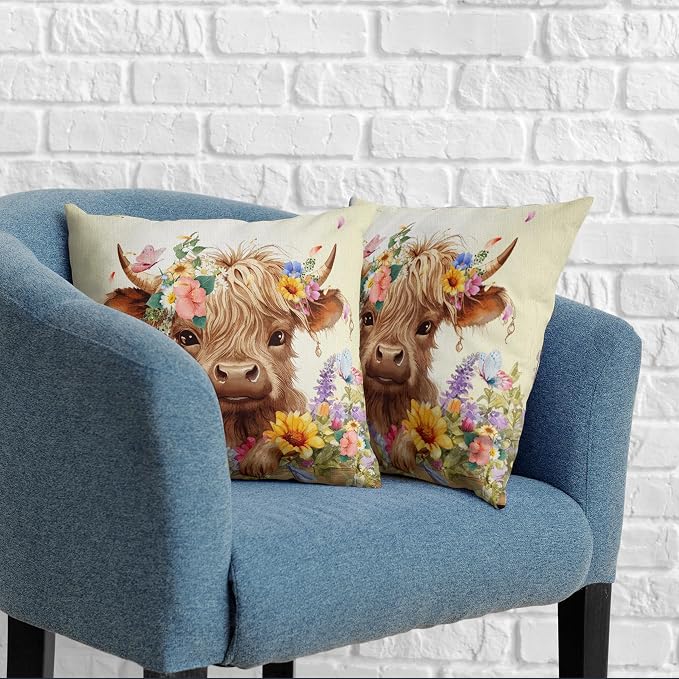 Highland Cow Pillow Covers 20x20 Set of 2 Cattle with Flowers Throw Pillow Covers Spring Outdoor Pillowcase Cotton Linen Farmhouse Cushion Case for Sofa Outdoor Patio