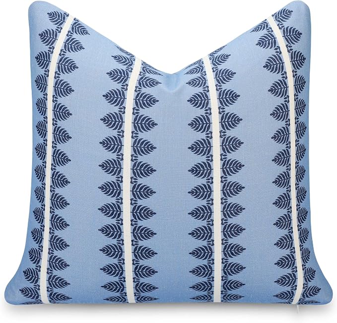 California Casual Coastal Indoor Outdoor Throw Pillow Cover, 20"x20" Water Repellent for Patio, Backyard, Couch, Poolside, Dark Navy Blue Print Leaves Stripes