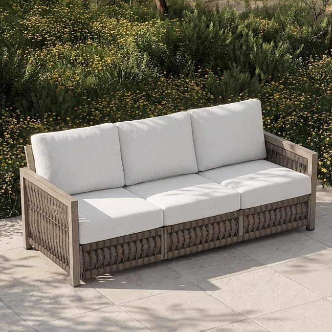 3-Seater Outdoor Sofa, All-Weather Aluminum Patio Sofa with Rope Weave & Widened Armrests, Deep Seating Cushions Patio 3-Seat Sofa for Garden, Deck, Porch, Balcony, Gray Oak