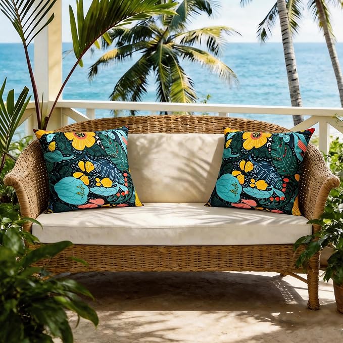 Outdoor Pillow Covers Waterproof Cushion Covers Patio Pillows Case 2 Pack | 18x18inch,Printed Boho Flowers,Seamless,Hidden Zipper,Machine Washable,Perfect decoration for Porch,Patio,Balcony