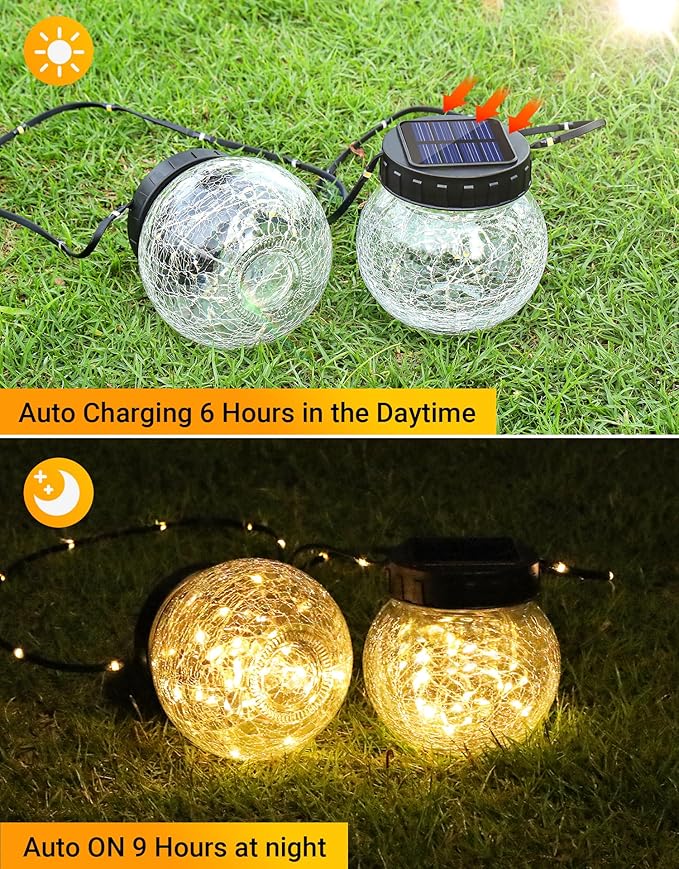 Solar Lights Outdoor Waterproof 24-Pack, Solar Powered Hanging Lantern Cracked Glass Hanging Globes for Yard Decor Christmas Decoration, Shepherd Hook, Garden Tree Table Ornaments, Warm