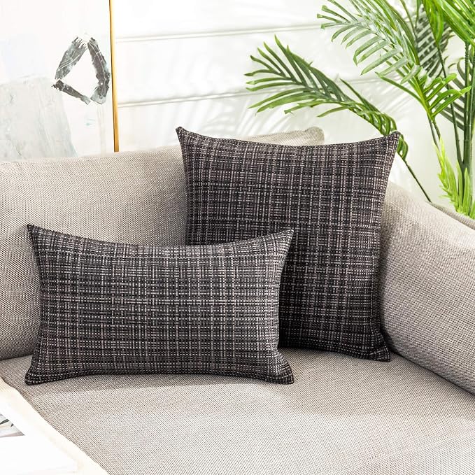 Kevin Textile Outdoor Waterproof 12"x24" Lumbar Pillow Covers 2 Pack, Black | Water Resistant, Faux Linen Yarn-dyed, Woven Texture Throw Pillow Covers for Tent Patio Garden Couch Sofa