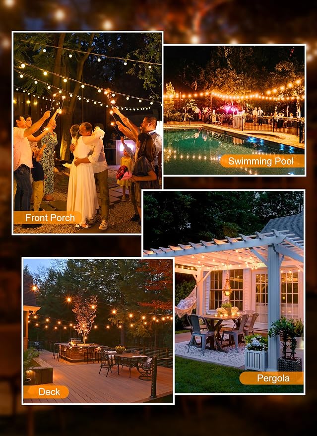 Outdoor String Lights, 50FT 52 LED Bulbs Connectable Patio Lights (2 Spare) | G40 Outside Vintage Hanging Light for Backyard Bistro Balcony Porch Christmas Party Wedding, E12, 2200K, Black
