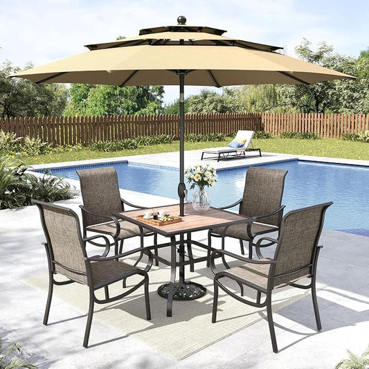 MFSTUDIO Patio Dining Set with Umbrella, Outdoor Dining Set for 4 Persons, Patio Furniture Set with Square Table & Textilene Chairs & Navy Blue Umbrella (Base not Included)